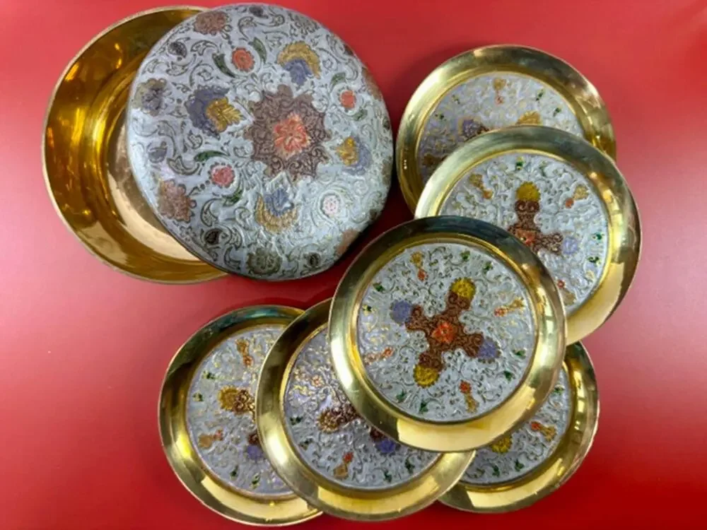 Vintage Indian Brass Enamel Coasters Set of 6 with Holder Cloisonne Style